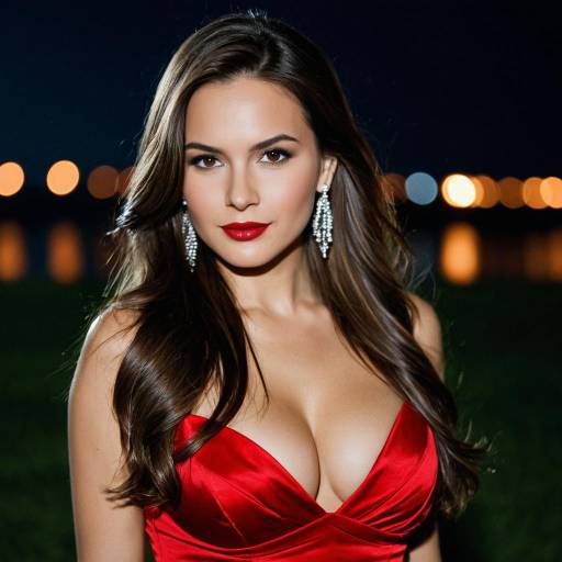 Woman in Elegant Red Dress at Night