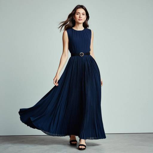 Elegant Woman in Navy Blue Pleated Maxi Dress