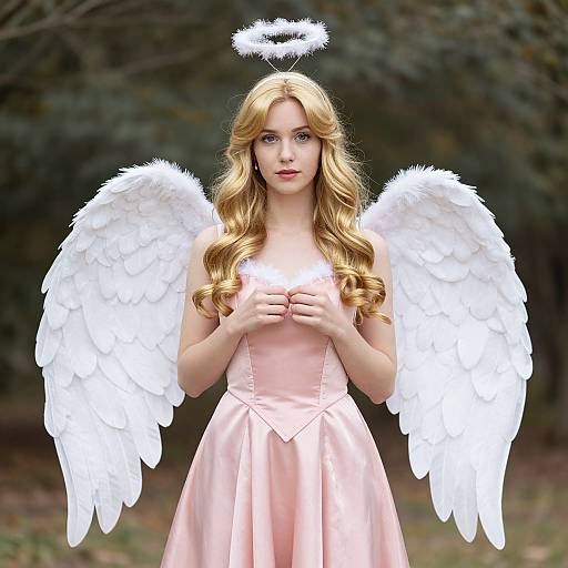 Photorealistic digital artwork of a blonde angel with white wings, halo, and pink dress, standing in a forest background.