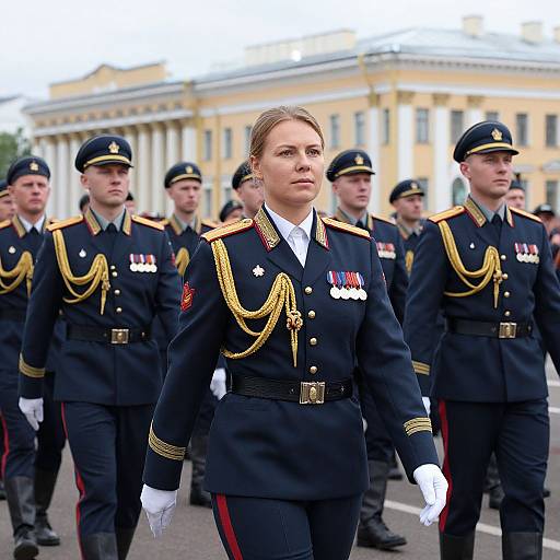 Photograph of a serious female military officer in a dark blue uniform with gold epaulettes and white gloves, leading a parade of male soldiers in