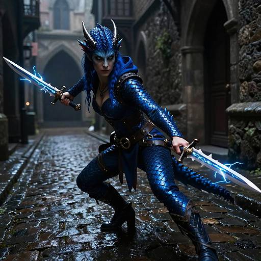 Blue Dragonborn Rogue in Neon Alley