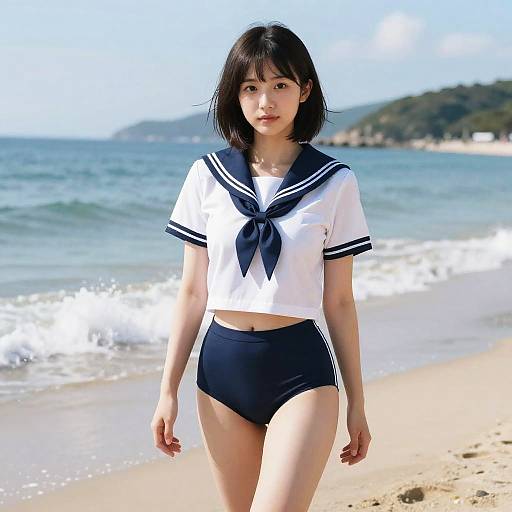 Young woman in sailor swimsuit on beach