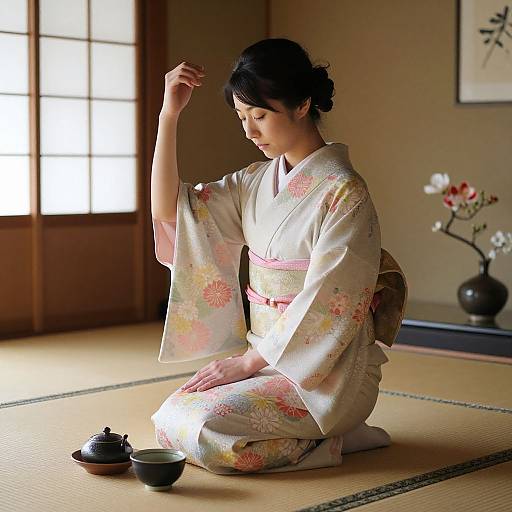 Photograph of a Japanese woman in a floral kimono, kneeling on a tatami mat, preparing tea in a traditional room.