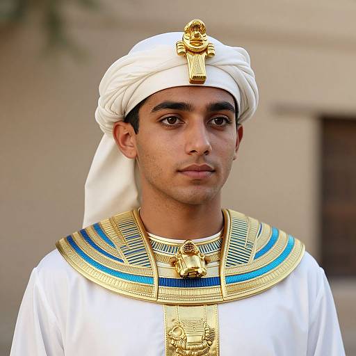 Photograph of a young man with olive skin, dark eyes, wearing an Egyptian-style white headdress, gold and blue-striped collar, and white robe