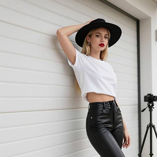 Stylish Blonde Woman in Leather Pants and Hat