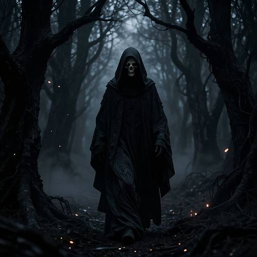 Mysterious hooded figure in dark robes walks through a shadowy, blue-lit forest with twisted trees and glowing embers. Digital art.