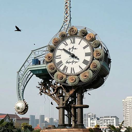 Photograph of a large, whimsical clock sculpture with rose decorations, mechanical arm, and 