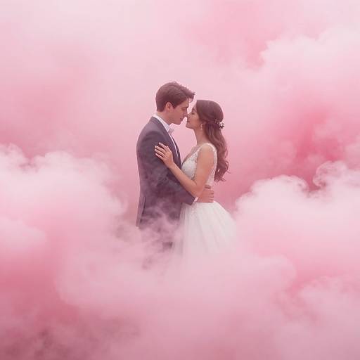 Photograph of a bride and groom kissing amidst pink smoke, with the bride in a white dress and the groom in a dark suit. Romantic, dream