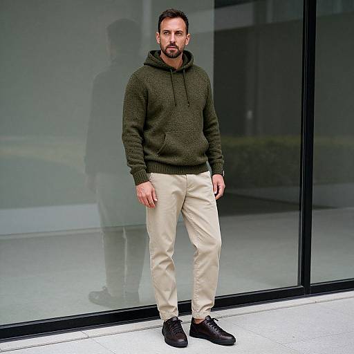 Photograph of a bearded man with short dark hair, wearing an olive green knitted hoodie, beige pants, and black shoes, standing in front