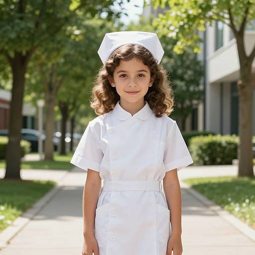 Photograph of a young girl with curly brown hair, wearing a white nurse uniform and hat, standing on a sunlit, tree-lined path.