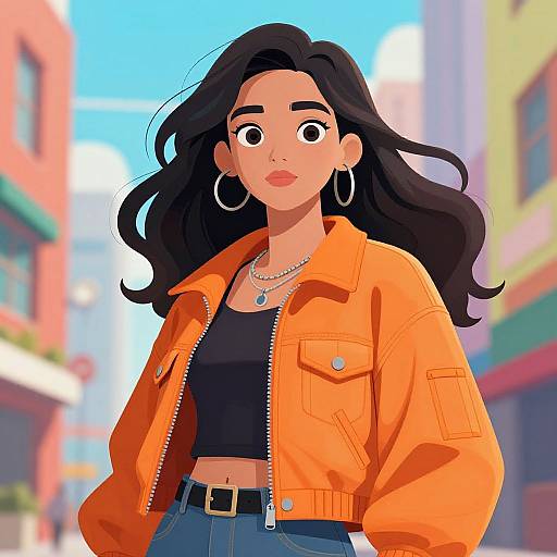 Digital illustration of a confident young woman with long black hair, wearing an orange jacket, black top, and blue jeans, standing in a colorful, sun