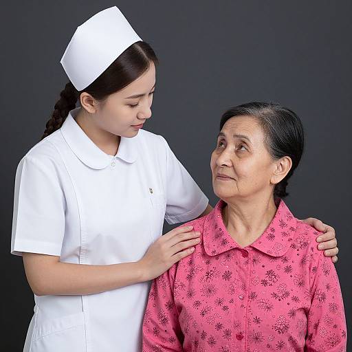 Photograph of a young Asian woman in a white nurse uniform with cap gently touching the shoulder of an elderly Asian woman in a pink floral blouse against a