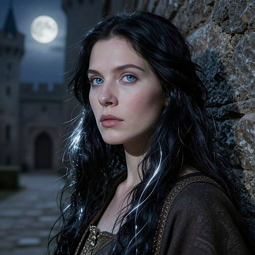 Photograph of a pale-skinned, blue-eyed woman with long, wavy black hair, wearing a brown medieval garment, standing against a stone wall