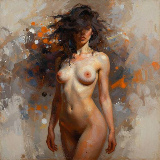 Digital painting of a nude, dark-haired woman with small breasts and a slender physique, standing against a textured, abstract background of gray, orange, and