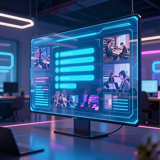 Photograph of a futuristic, neon-blue digital display screen in a modern office, showing multiple video conference panels with diverse professionals.