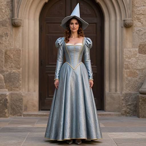 Photograph of a woman with curly brown hair wearing a metallic silver medieval-style gown and pointed hat, standing in front of a stone arched doorway.