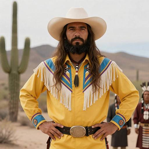 Bearded Man in Western Fringed Shirt and Hat in Desert