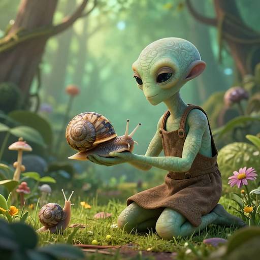 Digital art of a green-skinned, elf-like creature with large eyes, wearing brown overalls, gently holding a snail in a lush, sun