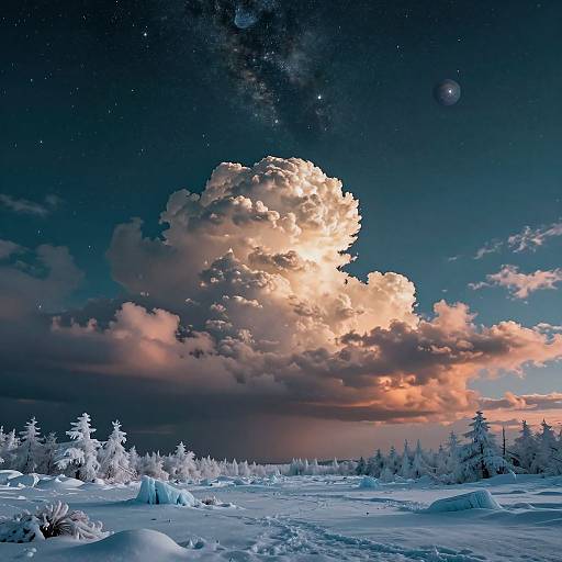 Photograph of a surreal winter landscape with a massive, glowing cloud-filled sky, starry night, and snow-covered trees and ground.