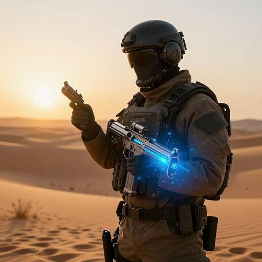 Photograph of a silhouetted soldier in desert gear, holding a gun, with glowing blue laser on rifle, against a sunset desert background.