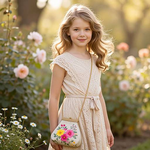 Elegant Blonde Girl in Sunlit Garden