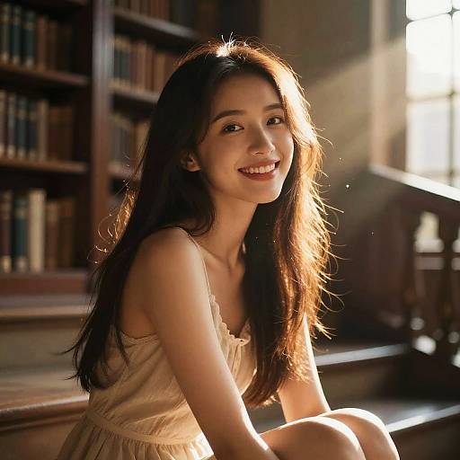 Twilight Library Radiant Woman on Steps