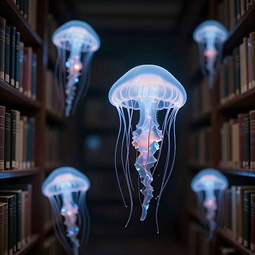Photograph of glowing blue jellyfish floating in a dimly lit, narrow library aisle with bookshelves on both sides.