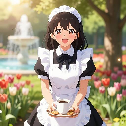 Happy Maid in Garden with Coffee