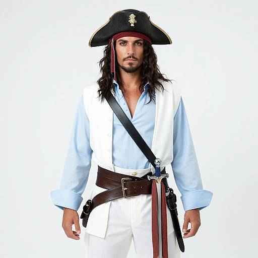 Photograph of a muscular man with long black hair, wearing a black tricorne hat, white shirt, brown belt, and white pants, standing