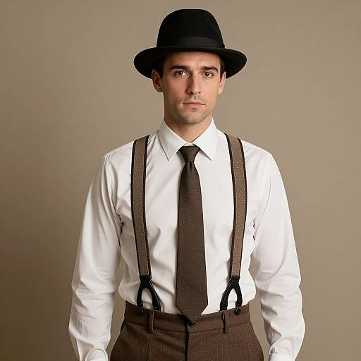 Photograph of a young man with light skin, brown eyes, wearing a black bowler hat, white shirt, black tie, brown suspenders,