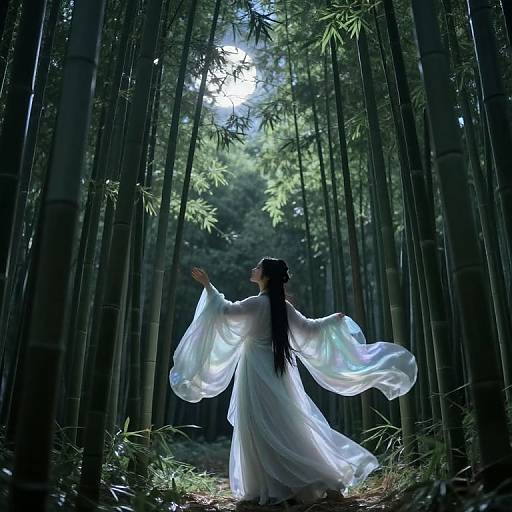 Mystical Figure in Moonlit Bamboo Forest