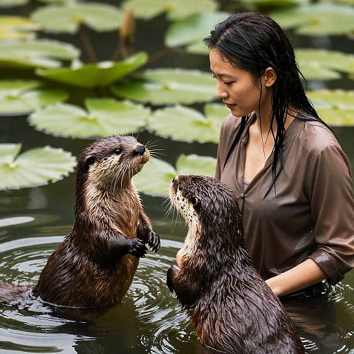 Woman and Otters by a Serene Pond