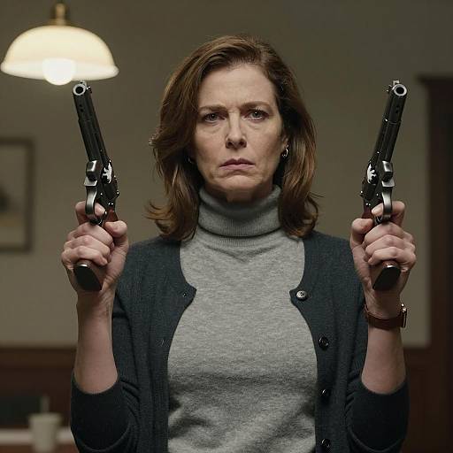 Determined Woman with Revolvers in Dim Light