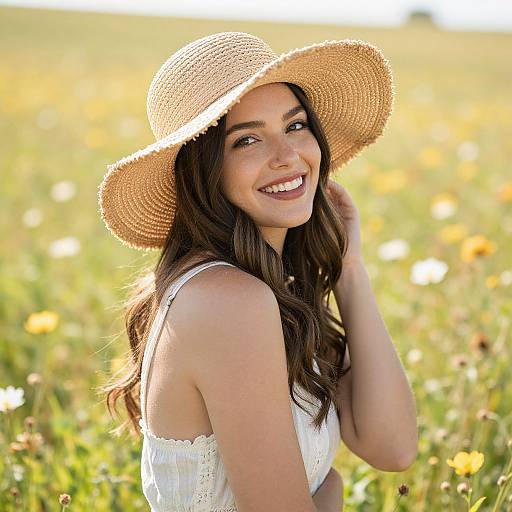 Photograph of a smiling young woman with long brown hair, wearing a white lace sleeveless top and straw hat, standing in a sunny, yellow-fl