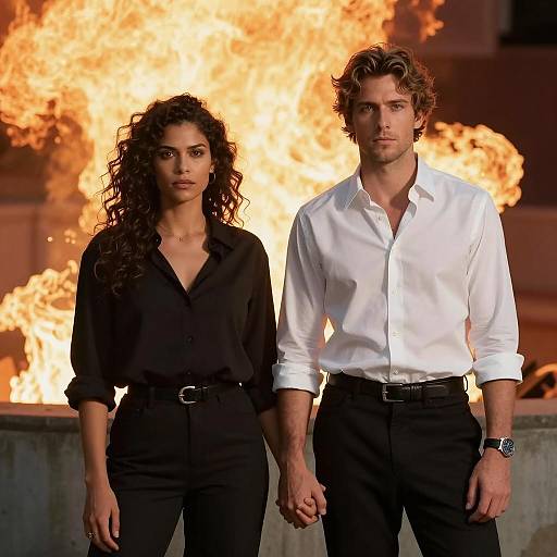 Serious Couple Standing Hand in Hand with Fiery Background
