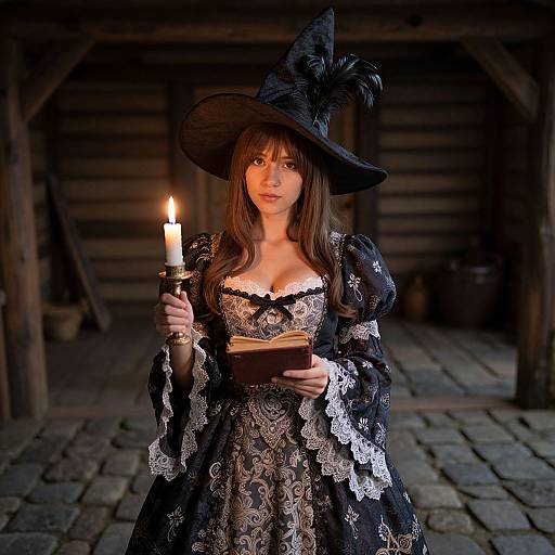 Photograph of a young woman in a black lace witch dress and hat, holding a candlelit lantern and book, standing in a dimly lit,