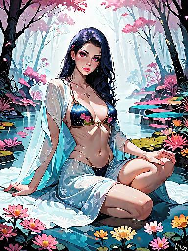 Dark Fantasy Girl in Floral Crochet Bikini by Mystic Forest Stream