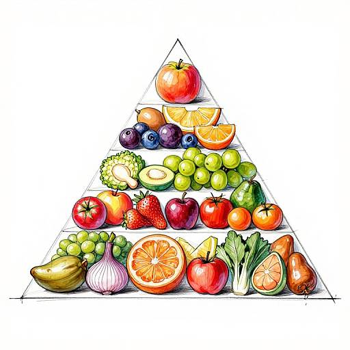 Colorful digital illustration of a triangular Christmas tree made from various fresh fruits and vegetables, including tomatoes, grapes, oranges, strawberries, and bell peppers.