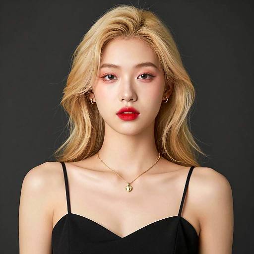 Blonde Woman in Black Dress with Red Lipstick