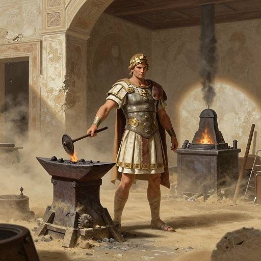 Photorealistic digital artwork of a muscular Roman soldier in white and gold armor, standing in a smoky forge, hammering a glowing anvil beside