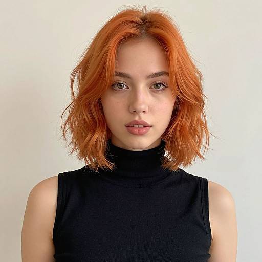 Photograph of a pale-skinned woman with shoulder-length, wavy red hair, wearing a sleeveless black turtleneck, against a plain white