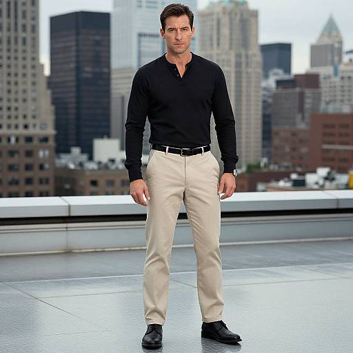 Photograph of a muscular, handsome man with short brown hair, wearing a black shirt, beige pants, black belt, and black shoes, standing on