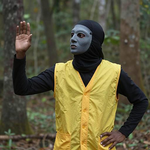 Man in Yellow Vest and Gray Mask in Forest