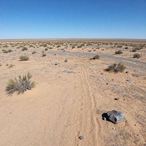 Photograph of a desert landscape with sandy ground, sparse green bushes, scattered rocks, a visible tire track, and a clear blue sky.