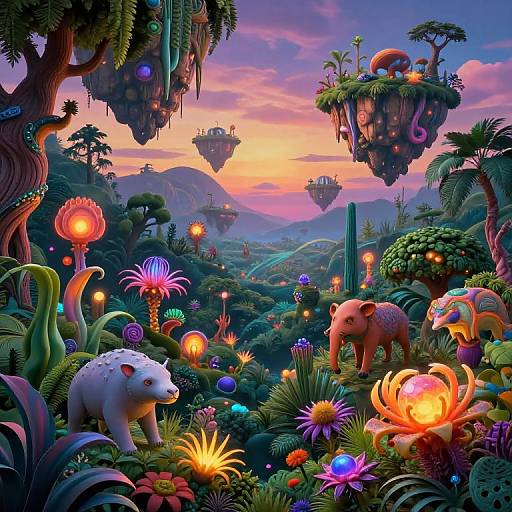 Vibrant fantasy landscape: colorful floating islands, whimsical creatures, glowing flora, and a sunset sky, blending surrealism with rich, detailed textures