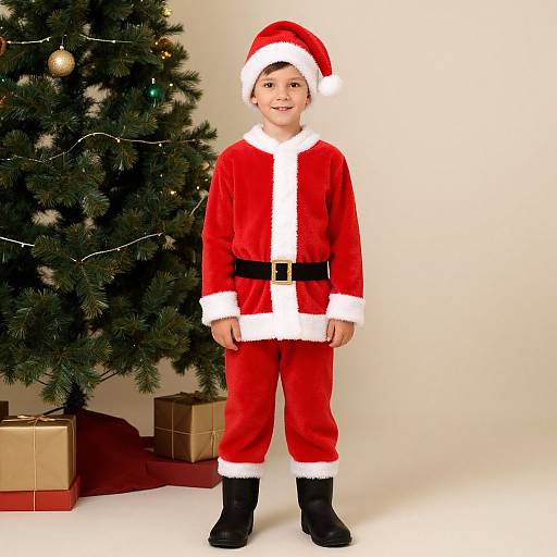 Photograph of a young boy in a Santa Claus outfit standing in front of a decorated Christmas tree with wrapped gifts.