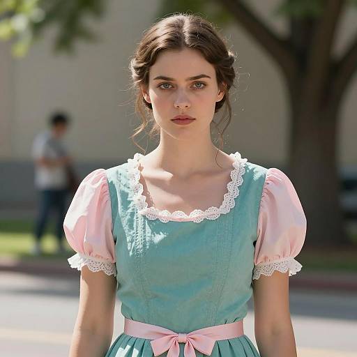 Woman in Teal and Pink Vintage Dress Outdoors