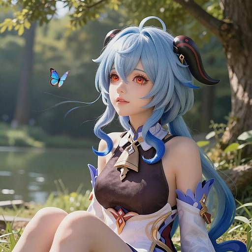 Digital anime artwork of a blue-haired girl with red eyes, black and gold horned headpiece, sitting by a forest lake, with a blue butterfly