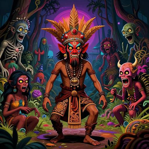 Vibrant, surreal digital artwork of a fierce, red-skinned tribal warrior with golden headdress, surrounded by colorful, menacing forest creatures.