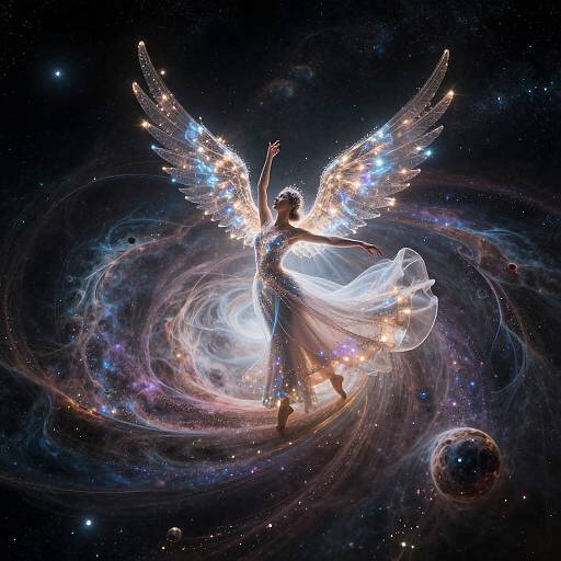 Digital art of a glowing, winged angel in a flowing dress, surrounded by swirling cosmic lights and stars, with a planet in the background.